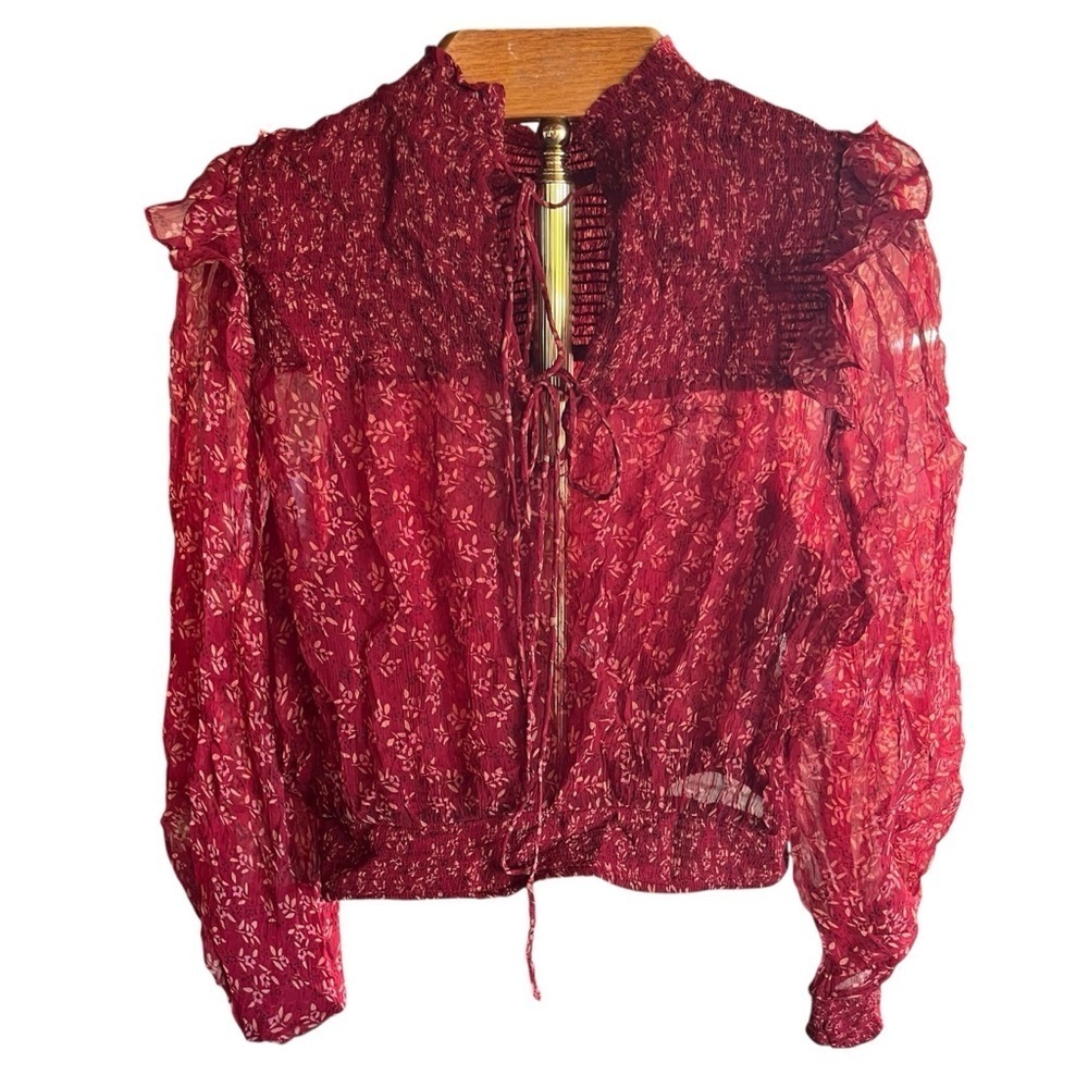 Free People Red Roma Blouse Sheer Floral Long Sleeve with Keyhole Back Small - Picture 6 of 15